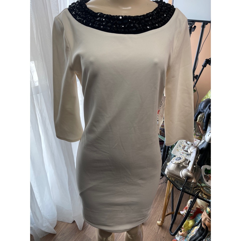 Bisou Bisou Michele Bohbot Cream Beaded Neck Sheath Dress Size 8 NWT